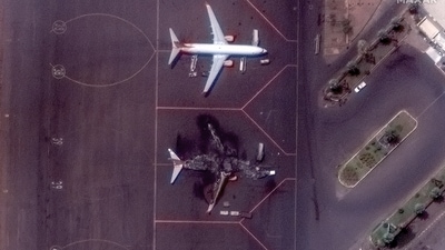 Satellite image shows a destroyed Ukrainian airplane at Khartoum International Airport in Khartoum, Sudan. (via REUTERS/Representative)