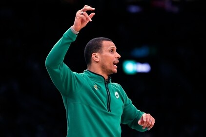 Boston Celtics head coach Joe Mazzulla directs his team in the second half during Game 1 in the first round of the NBA basketball playoffs against the Atlanta Hawks, Saturday, April 15, 2023, in Boston. (AP) Boston Celtics head coach Joe Mazzulla directs his team in the second half during Game 1 in the first round of the NBA basketball playoffs against the Atlanta Hawks, Saturday, April 15, 2023, in Boston. (AP)