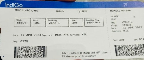 Flight ticket of Mukul Roy for New Delhi.