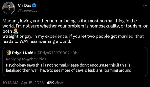 Vir Das' response to a Twitter user Tuesday.