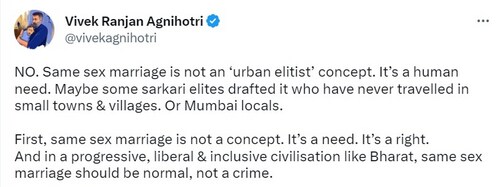 Vivek Agnihotri supports same sex marriage in a tweet. Vivek Agnihotri supports same sex marriage in a tweet.