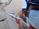 Artist draws cop's portrait. Artist draws cop's portrait.