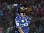 Lucknow Super Giants batter KL Rahul reacts after his dismissal 