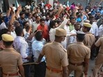 Popular Front of India (PFI) workers protest against the raid of National Investigation Agency (NIA) at the PFI office, in Chennai.
