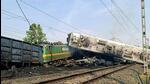 Wrecked remains of the engines after a goods train carrying coal collided with another stationary goods train. (PTI photo)