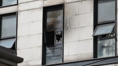 Beijing Hospital Fire: A damaged window is seen at the Changfeng Hospital in Beijing. (AFP) Beijing Hospital Fire: A damaged window is seen at the Changfeng Hospital in Beijing. (AFP)