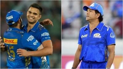 Arjun Tendulkar with Rohit Sharma; Sachin Tendulkar (IPL/PTI) Arjun Tendulkar with Rohit Sharma; Sachin Tendulkar (IPL/PTI)