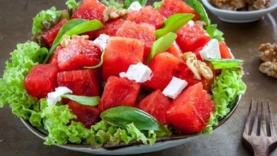Watermelon and Feta Salad: This savoury-sweet salad is the perfect way to beat the heat while satisfying your hunger. Cut up watermelon into small cubes, crumble some feta cheese over the top, and then drizzle a little bit of olive oil and balsamic vinegar. Delicious! Watermelon and Feta Salad: This savoury-sweet salad is the perfect way to beat the heat while satisfying your hunger. Cut up watermelon into small cubes, crumble some feta cheese over the top, and then drizzle a little bit of olive oil and balsamic vinegar. Delicious! 