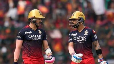 Royal Challengers Bangalore's captain Faf du Plessis celebrates scoring runs during the Indian Premier League cricket match between Royal Challengers Bangalore and Delhi Capitals in Bengaluru, India, Saturday, April 15, 2023. (AP Photo/Aijaz Rahi) (AP) Royal Challengers Bangalore's captain Faf du Plessis celebrates scoring runs during the Indian Premier League cricket match between Royal Challengers Bangalore and Delhi Capitals in Bengaluru, India, Saturday, April 15, 2023. (AP Photo/Aijaz Rahi) (AP)