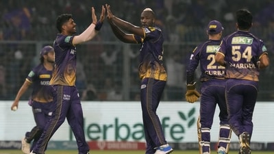 Kolkata Knight Riders's Umesh Yadav and Andre Russell celebrate the wicket of Mayank Agarwal during the Indian Premier League cricket match between Kolkata Knight Riders and Sunrisers Hyderabad in Kolkata, India, Friday, April 14, 2023. (AP Photo/Bikas Das) (AP) Kolkata Knight Riders's Umesh Yadav and Andre Russell celebrate the wicket of Mayank Agarwal during the Indian Premier League cricket match between Kolkata Knight Riders and Sunrisers Hyderabad in Kolkata, India, Friday, April 14, 2023. (AP Photo/Bikas Das) (AP)