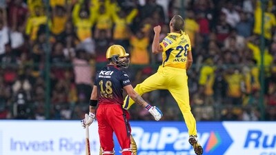 Chennai Super Kings bowler Akash Singh celebrates the wicket of Royal Challengers Bangalore batter Virat Kohli (PTI) Chennai Super Kings bowler Akash Singh celebrates the wicket of Royal Challengers Bangalore batter Virat Kohli (PTI)