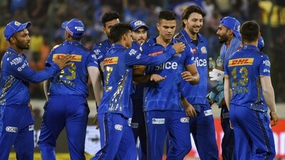 Hyderabad: Mumbai Indians players celebrate after winning their IPL 2023 cricket match against Sunrisers Hyderabad, at Rajiv Gandhi International Cricket Stadium, in Hyderabad, Tuesday, April 18, 2023. Mumbai won by 14 runs. (PTI Photo)(PTI04_18_2023_000311B) (PTI) Hyderabad: Mumbai Indians players celebrate after winning their IPL 2023 cricket match against Sunrisers Hyderabad, at Rajiv Gandhi International Cricket Stadium, in Hyderabad, Tuesday, April 18, 2023. Mumbai won by 14 runs. (PTI Photo)(PTI04_18_2023_000311B) (PTI)