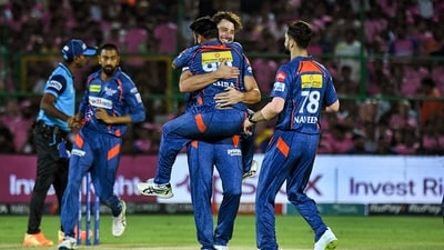 Marcus Stoinis celebrates a wicket with teammates during the IPL 2023 cricket match between Rajasthan Royals and Lucknow Super Giants at Sawai Mansingh Stadium (PTI) Marcus Stoinis celebrates a wicket with teammates during the IPL 2023 cricket match between Rajasthan Royals and Lucknow Super Giants at Sawai Mansingh Stadium (PTI)