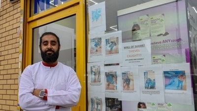 Whasuf Farooq, manager of Pharmacy in Saltley, Birmingham, has installed a ‘wall of shame’. (The Metro/ SWNS) Whasuf Farooq, manager of Pharmacy in Saltley, Birmingham, has installed a ‘wall of shame’. (The Metro/ SWNS)