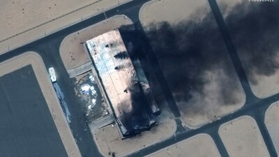 Satellite image shows a closer view of a burning building at the Merowe Airbase, Sudan, April 18, 2023. (via REUTERS)