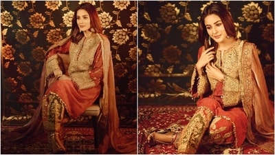 Shehnaaz styled the outfit with an embroidered net dupatta, heavy jhumkis, and gold high heels. In the end, Shehnaaz chose centre-parted open locks, shimmery eye shadow, on-fleek brows, glossy lip shade, and a dewy base for the glam picks. (Instagram) Shehnaaz styled the outfit with an embroidered net dupatta, heavy jhumkis, and gold high heels. In the end, Shehnaaz chose centre-parted open locks, shimmery eye shadow, on-fleek brows, glossy lip shade, and a dewy base for the glam picks. (Instagram)