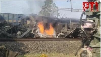 The incident occurred near Singhpur station at around 6.50am on Wednesday due to signal overshoot. (Video grab/PTI) The incident occurred near Singhpur station at around 6.50am on Wednesday due to signal overshoot. (Video grab/PTI)