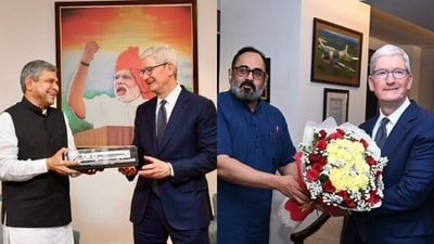 Union ministers Ashwini Vaishnaw and Rajeev Chandrasekhar meet Tim Cook (Twitter) Union ministers Ashwini Vaishnaw and Rajeev Chandrasekhar meet Tim Cook (Twitter)