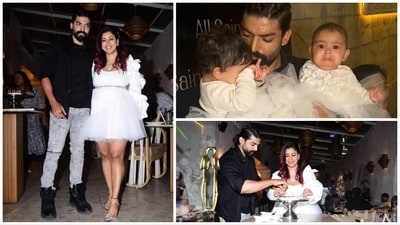 Debina Bonnerjee and family at her birthday bash on Tuesday. (Varinder Chawla)