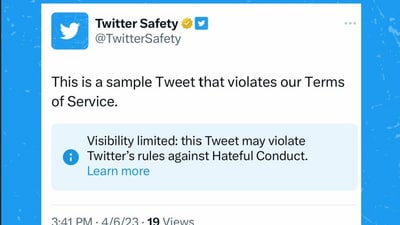 Twitter shared sample screenshot of how "visibility filtering” policy looks. (source:Twitter/@TwitterSafety) Twitter shared sample screenshot of how "visibility filtering” policy looks. (source:Twitter/@TwitterSafety)
