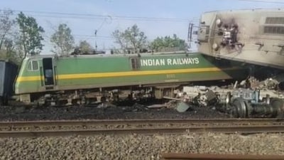 A visual from the accident site where two goods trains derailed in MP's Shahdol. (Twitter )