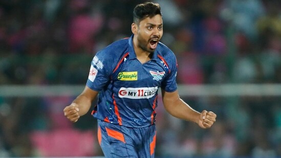 Lucknow Super Giants' Avesh Khan celebrates after picking a wicket in the IPL match against Rajasthan Royals(Lucknow Super Giants Twitter)