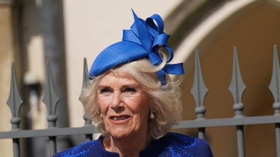 Britain's Camilla, Queen Consort leaves after attending the Easter Mattins Service at St. George's Chapel, Windsor Castle. (AFP)