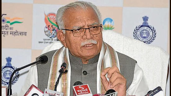 Haryana chief minister Manohar Lal Khattar addressing a press conference in Chandigarh. (HT File)