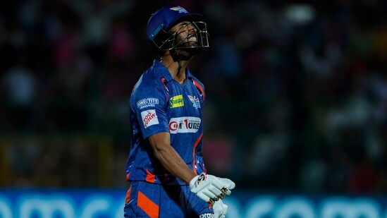 Lucknow Super Giants skipper KL Rahul reacts after his dismissal during the Indian Premier League match against Rajasthan Royals(AP)
