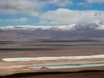 Brine pools used to extract lithium are seen next to a lithium mining camp at the Salar del Rincon salt flat, in Salta, Argentina.