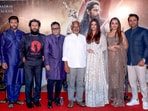 Jayam Ravi, Vikram, AR Rahman, Mani Ratnam, Aishwarya Rai, Trisha and Karthi pose for a group photograph at a press conference ahead of Ponniyin Selvan: I in Mumbai. (PTI File Photo)