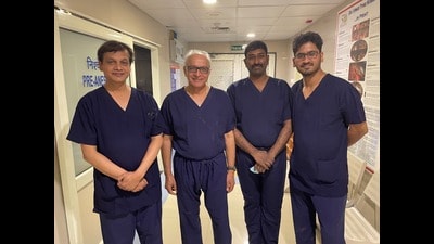 (From left) Dr Uttam Mete, Dr Rajesh Ahlawat, Dr Sudeep Bodduluri and Dr Shanky Singh who are part of PGIMER’s robotic renal transplant team. (HT Photo) (From left) Dr Uttam Mete, Dr Rajesh Ahlawat, Dr Sudeep Bodduluri and Dr Shanky Singh who are part of PGIMER’s robotic renal transplant team. (HT Photo)