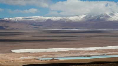 Brine pools used to extract lithium are seen next to a lithium mining camp at the Salar del Rincon salt flat, in Salta, Argentina. (REUTERS)