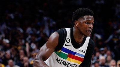 Minnesota Timberwolves guard Anthony Edwards (1) controls the ball in the fourth quarter against the Denver Nuggets during game two of the 2023 NBA Playoffs at Ball Arena. (USA TODAY Sports via Reuters Con)