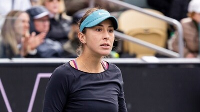 Belinda Bencic, of Switzerland, reacts to a bad shot against Ons Jabeur, of Tunisia, during the championship match at the Charleston Open tennis tournament in Charleston, S.C., Sunday, April 9, 2023. (AP Photo/Mic Smith) (AP) Belinda Bencic, of Switzerland, reacts to a bad shot against Ons Jabeur, of Tunisia, during the championship match at the Charleston Open tennis tournament in Charleston, S.C., Sunday, April 9, 2023. (AP Photo/Mic Smith) (AP)