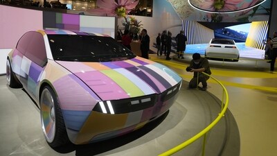 The concept car Dee from BMW that can change its color at will is displayed during the Auto Shanghai 2023 show in Shanghai. (AP) The concept car Dee from BMW that can change its color at will is displayed during the Auto Shanghai 2023 show in Shanghai. (AP)