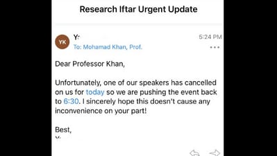 Screenshot of the mail that the professor recieved. (Twitter/@mkhanpasha) Screenshot of the mail that the professor recieved. (Twitter/@mkhanpasha)