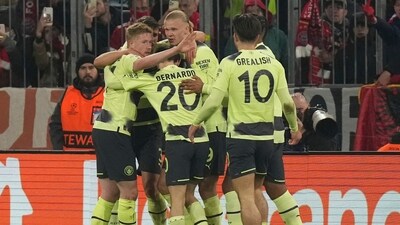 Manchester City's Erling Haaland, centre, celebrates after scoring his side's opening goal during the Champions League quarter final second leg soccer match between Bayern Munich and Manchester City, at the Allianz Arena stadium in Munich, Germany, Wednesday, April 19, 2023. (AP Photo/Matthias Schrader) (AP) Manchester City's Erling Haaland, centre, celebrates after scoring his side's opening goal during the Champions League quarter final second leg soccer match between Bayern Munich and Manchester City, at the Allianz Arena stadium in Munich, Germany, Wednesday, April 19, 2023. (AP Photo/Matthias Schrader) (AP)