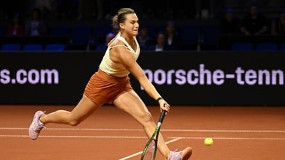 Belarus' Aryna Sabalenka returns the ball to Czech Republic's Barbora Krejcikova during the 2nd round of the WTA Stuttgart tennis match at the Porsche Arena in Stuttgart, Germany, Wednesday, April 19, 2023. (Marijan Murat/dpa via AP) (AP) Belarus' Aryna Sabalenka returns the ball to Czech Republic's Barbora Krejcikova during the 2nd round of the WTA Stuttgart tennis match at the Porsche Arena in Stuttgart, Germany, Wednesday, April 19, 2023. (Marijan Murat/dpa via AP) (AP)
