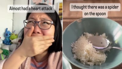 The image, taken from the Instagram video, shows how a woman thought there’s a spider on her spoon. (Instagram/@uyenninh) The image, taken from the Instagram video, shows how a woman thought there’s a spider on her spoon. (Instagram/@uyenninh)
