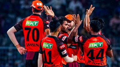 Kolkata: Sunrisers Hyderabad bowler Bhuvneshwar Kumar celebrates with teammates the wicket of Kolkata Knight Riders batter Rahmanullah Gurbaz during the IPL 2023 cricket match between Kolkata Knight Riders and Sunrisers Hyderabad, at Eden Gardens in Kolkata, Friday, April 14, 2023. (PTI Photo/Swapan Mahapatra)(PTI04_14_2023_000410B) (PTI) Kolkata: Sunrisers Hyderabad bowler Bhuvneshwar Kumar celebrates with teammates the wicket of Kolkata Knight Riders batter Rahmanullah Gurbaz during the IPL 2023 cricket match between Kolkata Knight Riders and Sunrisers Hyderabad, at Eden Gardens in Kolkata, Friday, April 14, 2023. (PTI Photo/Swapan Mahapatra)(PTI04_14_2023_000410B) (PTI)