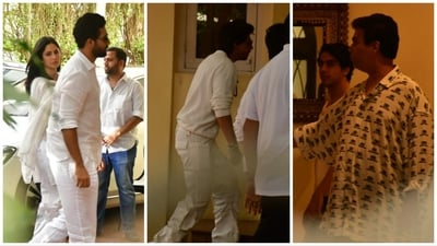 Vicky Kaushal, Katrina Kaif, Shah Rukh Khan, Aryan Khan and Karan Johar visit Aditya Chopra's home. (Varinder Chawla) Vicky Kaushal, Katrina Kaif, Shah Rukh Khan, Aryan Khan and Karan Johar visit Aditya Chopra's home. (Varinder Chawla)