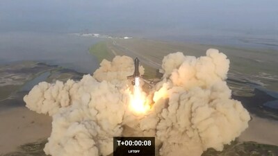 SpaceX's next-generation Starship spacecraft atop its powerful Super Heavy rocket lifts off from the company's Boca Chica launchpad on a brief uncrewed test flight near Brownsville, Texas, (via REUTERS)
