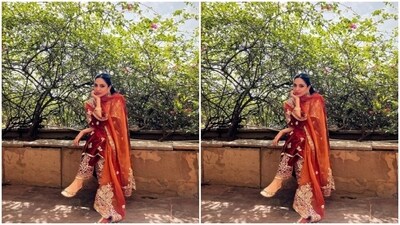 In golden statement earrings, a golden bracelet and white jutties with golden embellishment details, Sobhita further accessorised her look for the day. (Instagram/@sobhitad) In golden statement earrings, a golden bracelet and white jutties with golden embellishment details, Sobhita further accessorised her look for the day. (Instagram/@sobhitad)