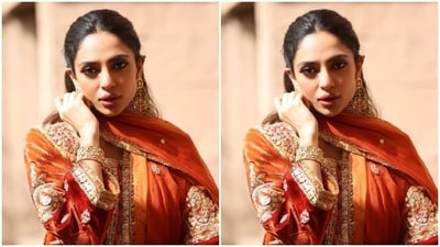 Sobhita looked every bit gorgeous in the orange velvet salwar suit featuring embellishment details in shades of silver and gold. She teamed the salwar with matching trousers with silver embellishment details at the borders. (Instagram/@sobhitad) Sobhita looked every bit gorgeous in the orange velvet salwar suit featuring embellishment details in shades of silver and gold. She teamed the salwar with matching trousers with silver embellishment details at the borders. (Instagram/@sobhitad)