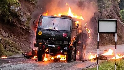 Poonch: An army vehicle in flames after a terror attack in Mendhar in Poonch district, Thursday, April 20, 2023. (PTI) Poonch: An army vehicle in flames after a terror attack in Mendhar in Poonch district, Thursday, April 20, 2023. (PTI)