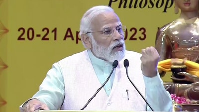 PM Modi at Global Buddhist Summit in Delhi on Thursday. (ANI) PM Modi at Global Buddhist Summit in Delhi on Thursday. (ANI)