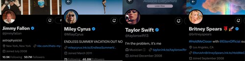 Many popular celebrities still retain their blue tick, such as Taylor Swift, Rihanna, Cardi B, Ryan Reynolds, Chris Hemsworth, Miley Cyrus, Britney Spears, Snoop Dogg, and Jimmy Fallon. (Twitter) Many popular celebrities still retain their blue tick, such as Taylor Swift, Rihanna, Cardi B, Ryan Reynolds, Chris Hemsworth, Miley Cyrus, Britney Spears, Snoop Dogg, and Jimmy Fallon. (Twitter)