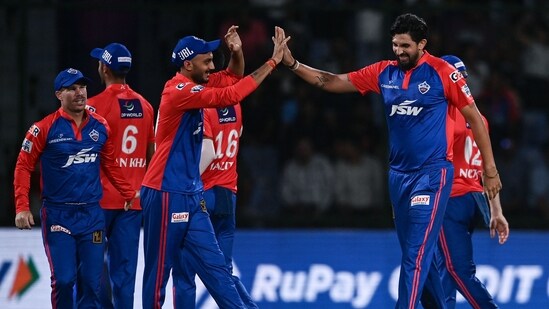 Delhi Capitals' players celebrate after the dismissal of Kolkata Knight Riders' Nitish Rana (not pictured) during the Indian Premier League (IPL) Twenty20 cricket match between Delhi Capitals and Kolkata Knight Riders at the Arun Jaitley Stadium in New Delhi on April 20, 2023. (Photo by Arun SANKAR / AFP)(AFP)