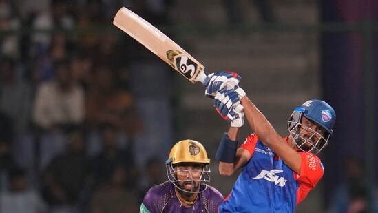 Delhi Capitals' Abhishek Porel plays a shot during Indian Premier League (IPL) match between Delhi Capitals' and Kolkata Knight Riders, in New Delhi, India, Thursday, April 20, 2023. (AP Photo/Manish Swarup)(AP)